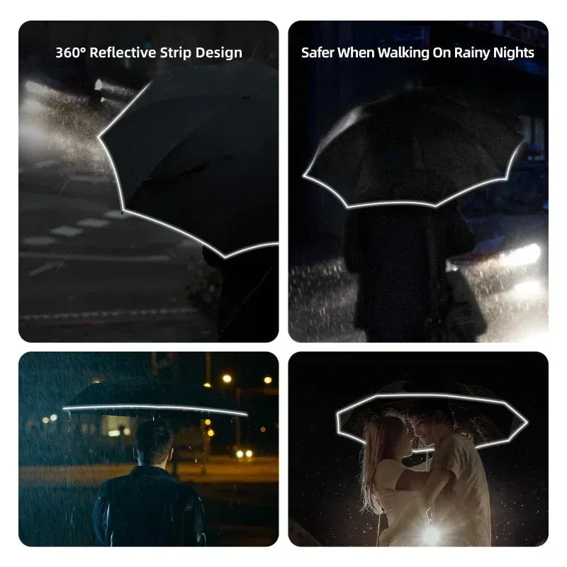 ☔ Travel-Ready Automatic Folding Umbrella – Windproof, Reverse Design & Safety Reflective Strip for All-Weather Protection! 🌦️✨