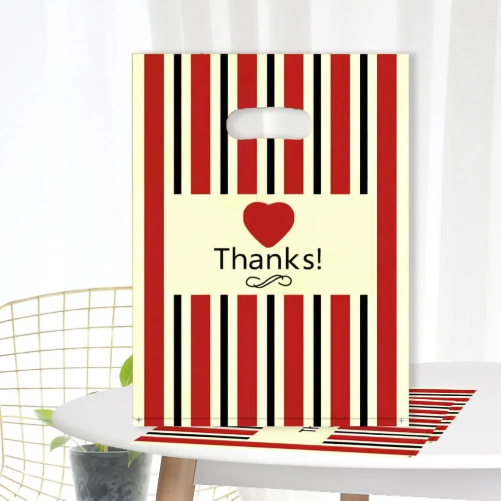 100 Count 11.7 "x 15.7" Plastic Merchandise Bags, Shopping Bag for Small Business Retail Bags Crafts Plastic Bag with Die Cut Handle Bag - Red Thank You