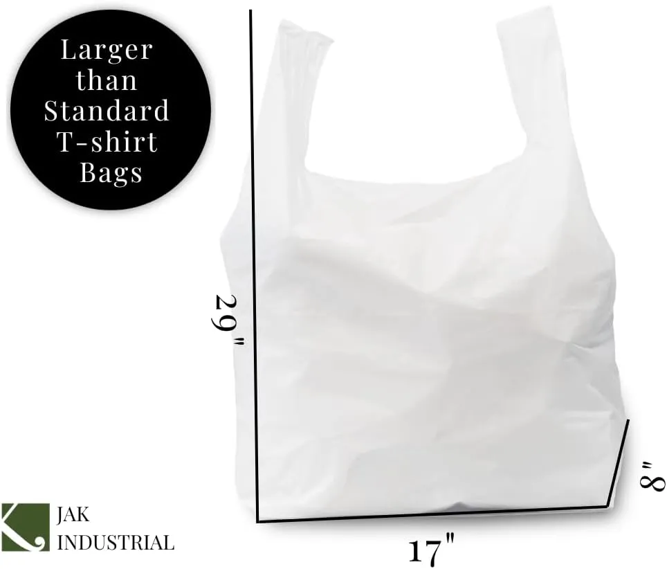 100 Pack - Jumbo (LARGE) T-Shirt Shopping/Trash Bags - 17" x 8" x 29" - 18 Microns Thick