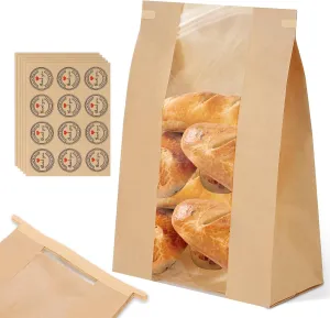 120 Pack Bread Bags for Homemade Bread Sourdough Bread Bags with Tin Tie Tab Lock, Kraft Paper Bread Loaf Bag with Window and Label Seal Stickers for Baked Food Packaging Storage (13.7''x8.2''x3.5'')