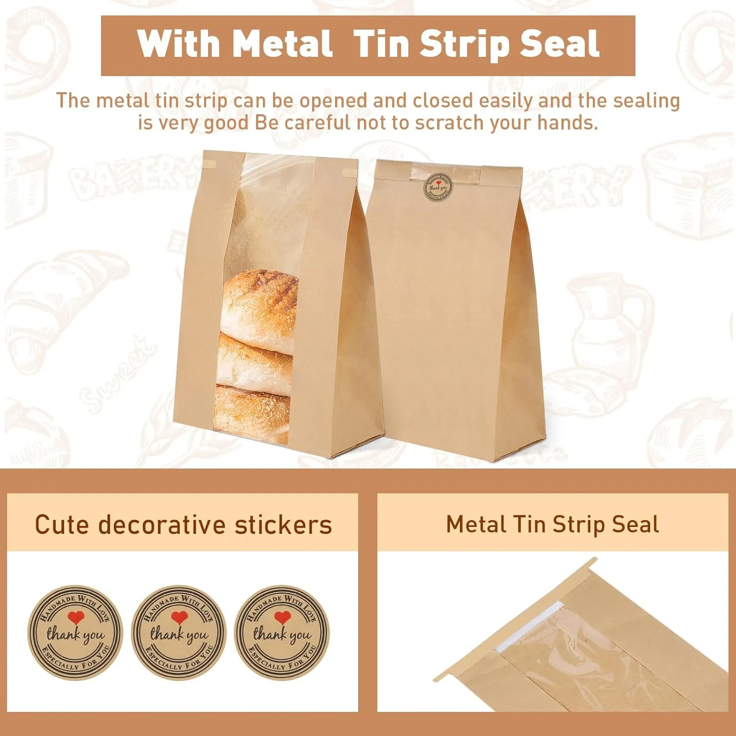 120 Pack Bread Bags for Homemade Bread Sourdough Bread Bags with Tin Tie Tab Lock, Kraft Paper Bread Loaf Bag with Window and Label Seal Stickers for Baked Food Packaging Storage (13.7''x8.2''x3.5'')