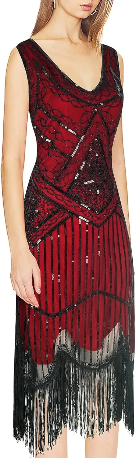 1920s Gatsby Sequin Fringed Beaded Flapper Dress Cocktail Dress with Roaring 20s Accessories Set