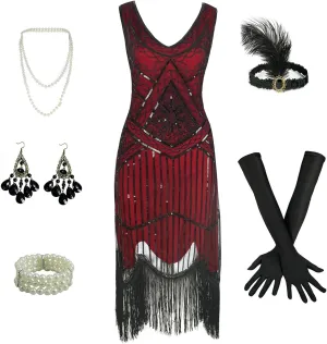 1920s Gatsby Sequin Fringed Beaded Flapper Dress Cocktail Dress with Roaring 20s Accessories Set