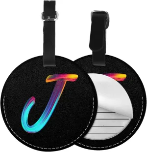 2 Pack Initial Luggage Tag for Suitcase, Colorful Letter Design Cruise Name Bag Tags, Round Baggage Identifiers with Privacy Cover, Leather ID Label for Women Men Kids Travel, Rainbow Letter J