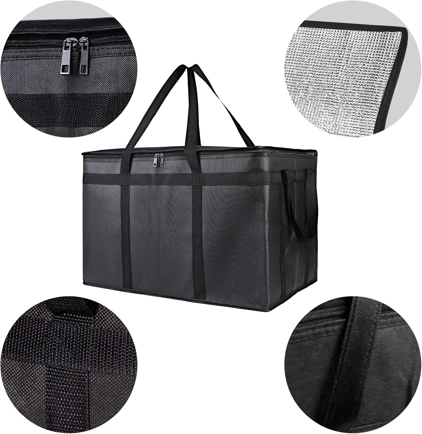 2-Pack Insulated Food Delivery Bag, XXX-Large Meal Grocery Tote Insulation Bag for Hot and cold Food, Commercial, Large Capacity Reusable Warming Bag (Black 23x15x14 Inch)