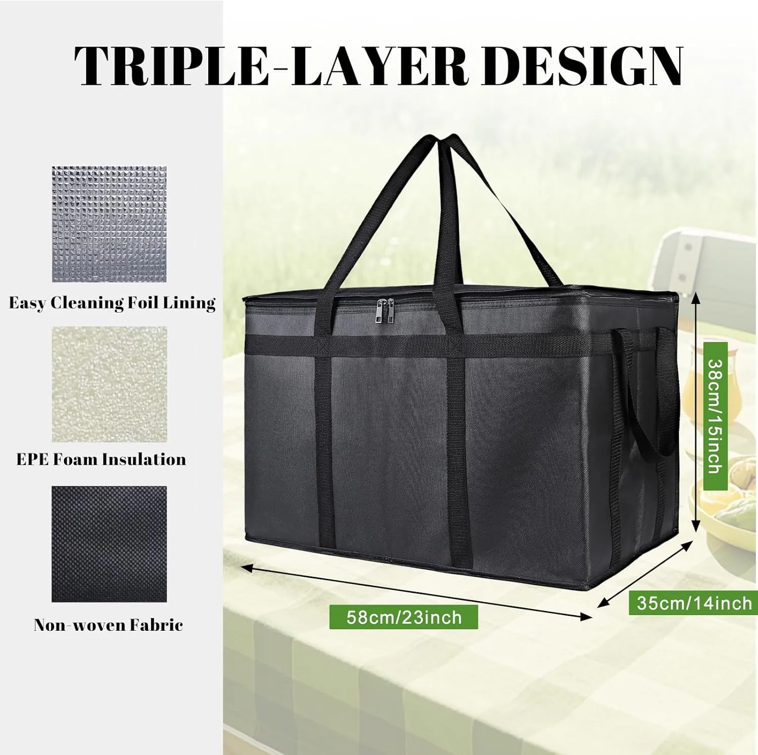 2-Pack Insulated Food Delivery Bag, XXX-Large Meal Grocery Tote Insulation Bag for Hot and cold Food, Commercial, Large Capacity Reusable Warming Bag (Black 23x15x14 Inch)