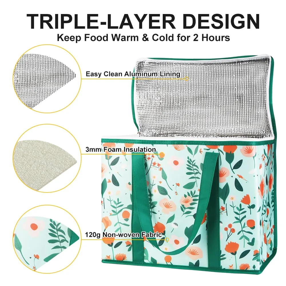 2-Pack Insulated Reusable Grocery Shopping Bags, X-Large Insulated Food/Pizza Delivery Bag for Doordash/Uber Eats, Commercial Food Warmers, Tote Cooler/Thermal Bags for Travel, Picnic