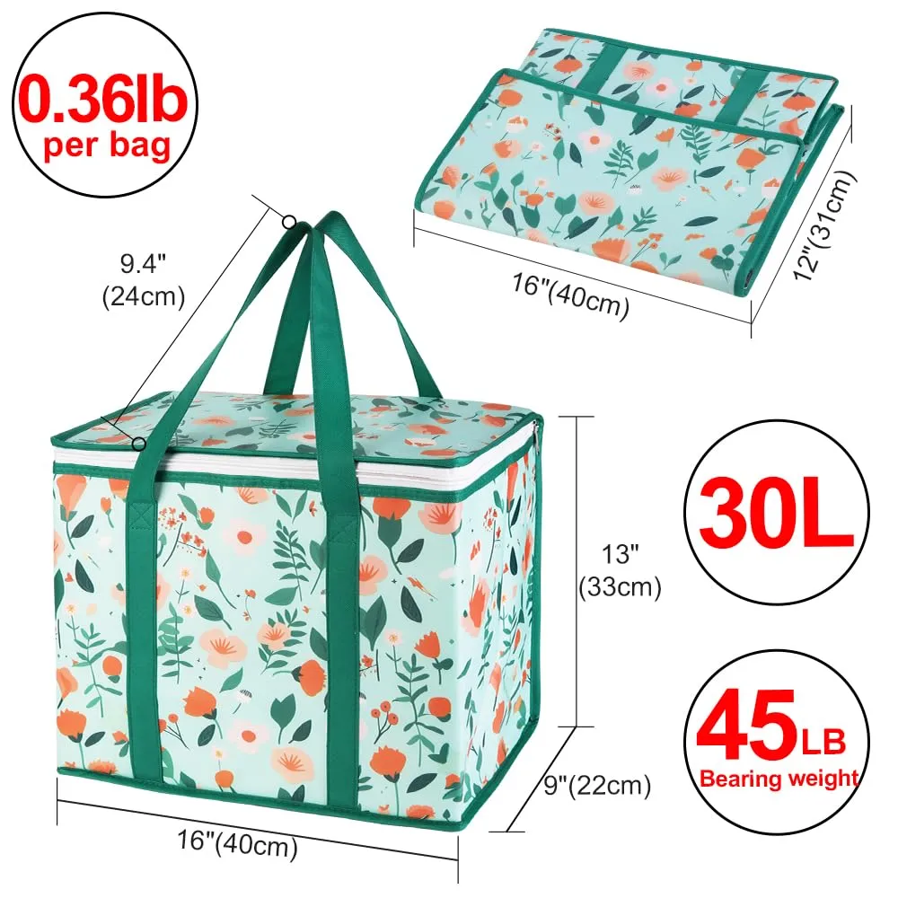 2-Pack Insulated Reusable Grocery Shopping Bags, X-Large Insulated Food/Pizza Delivery Bag for Doordash/Uber Eats, Commercial Food Warmers, Tote Cooler/Thermal Bags for Travel, Picnic