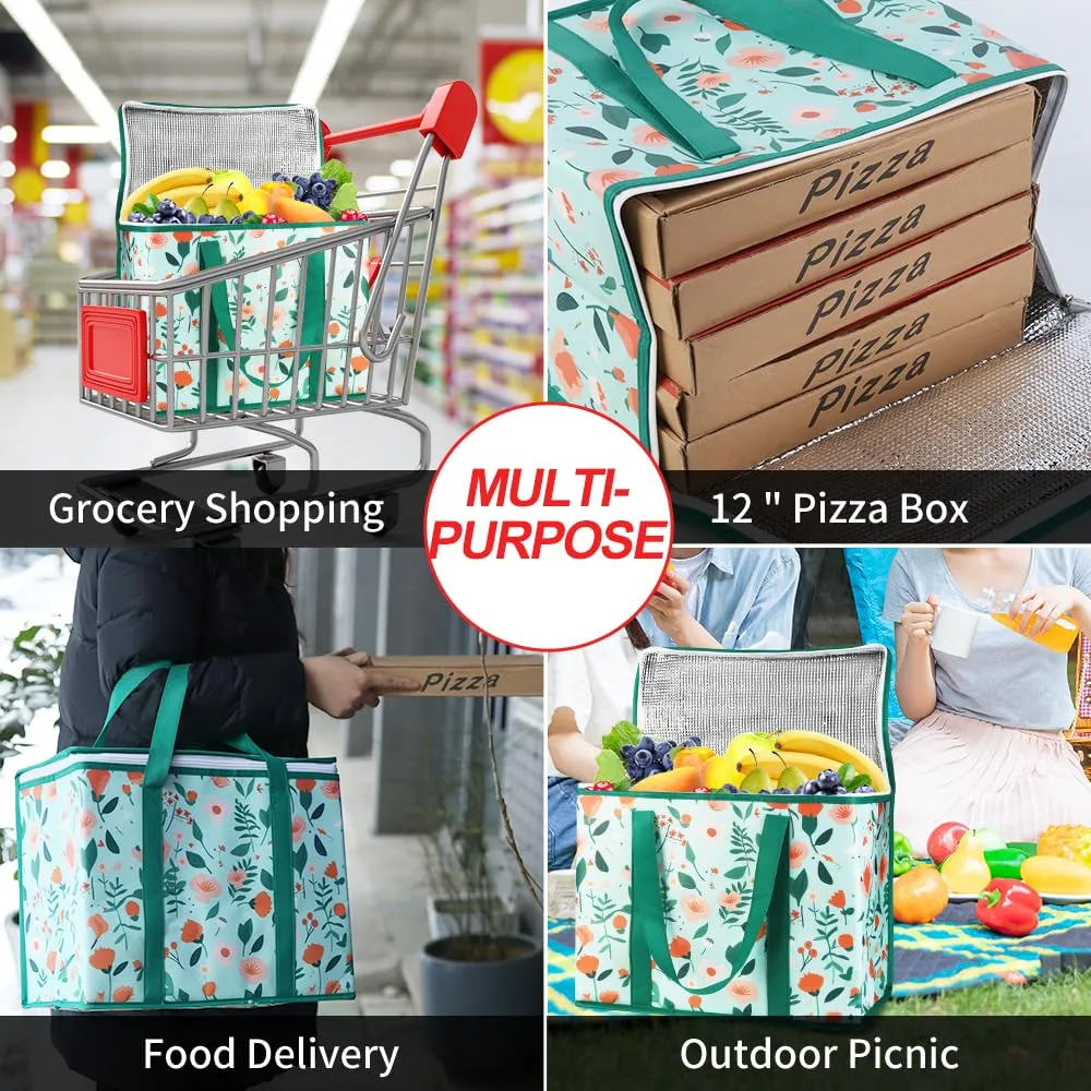 2-Pack Insulated Reusable Grocery Shopping Bags, X-Large Insulated Food/Pizza Delivery Bag for Doordash/Uber Eats, Commercial Food Warmers, Tote Cooler/Thermal Bags for Travel, Picnic