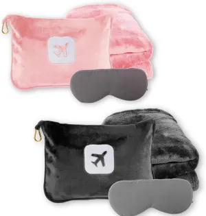 2 Pack Portable Travel Blanket and Pillow - Premium Soft 2 in 1 Airplane Blanket with Compact Pack Soft Bag Pillowcase, Hand Luggage Sleeve and Backpack Clip (Gray Pink)