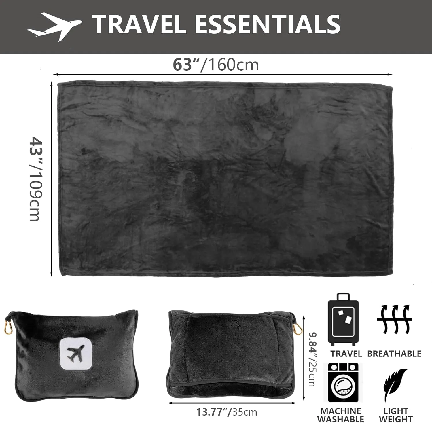 2 Pack Portable Travel Blanket and Pillow - Premium Soft 2 in 1 Airplane Blanket with Compact Pack Soft Bag Pillowcase, Hand Luggage Sleeve and Backpack Clip (Gray Pink)
