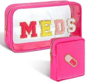 2 PCS Medicine Bag, Medicine Bag for Traveling, Transparent Cosmetic Bag, Chenille Letter Bag for Makeup, Rose Red