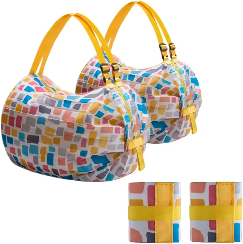 2-Pcs Reusable Grocery Bags with Handles Foldable Washable Shopping Waterproof Large Capacity Tote Bag (yellow square)