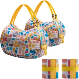2-Pcs Reusable Grocery Bags with Handles Foldable Washable Shopping Waterproof Large Capacity Tote Bag (yellow square)