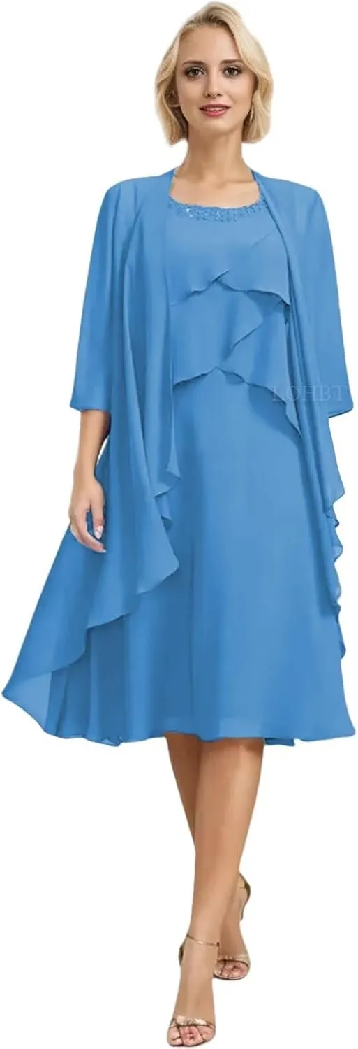 2 Pieces Mother of The Bride Dresses for Wedding Tiered Beaded Chiffon Knee Length Formal Evening Gowns with Jacket