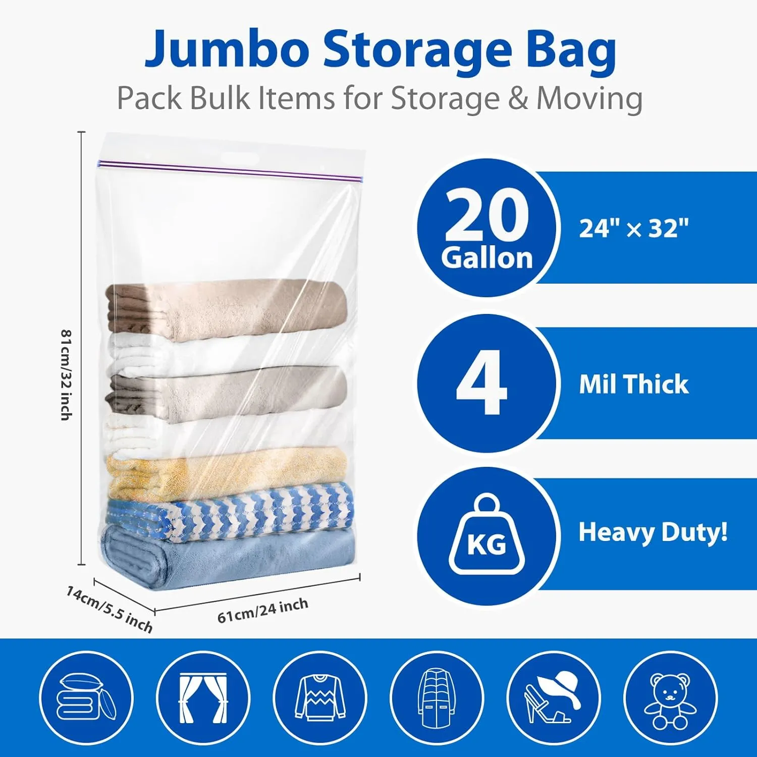 20 Gallon Jumbo Storage Bags, Pack of 3, Clear Plastic Storage Bag with Carry Handle, 24 x 32 Heavy Duty Ziplock Storage Bag Resealable Large Zipper Bag for Moving, Bedding and Travel, 4 Mil Thick