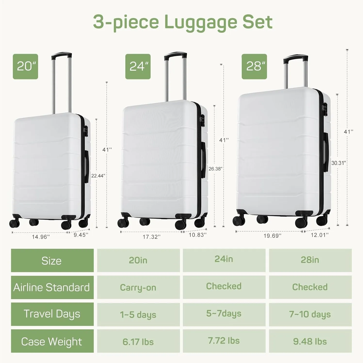 20 Inch Carry-On Luggage, Hard Shell Rolling Suitcase with TSA Lock, Expandable Lightweight Luggage with Spinner Wheels, White