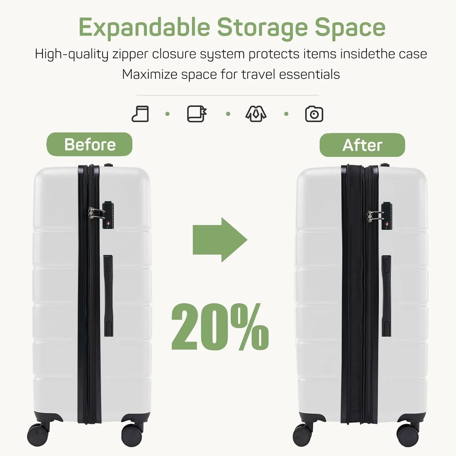 20 Inch Carry-On Luggage, Hard Shell Rolling Suitcase with TSA Lock, Expandable Lightweight Luggage with Spinner Wheels, White