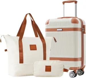 20-Inch Luggage Sets, Medium Suitcases with Wheels with Luggage Bag, Cosmetic Bag, Double Spinner Wheels with Tsa Lock, Collision-Protection Angle, Carry on Luggage 3 Piece Set (White   ABS)