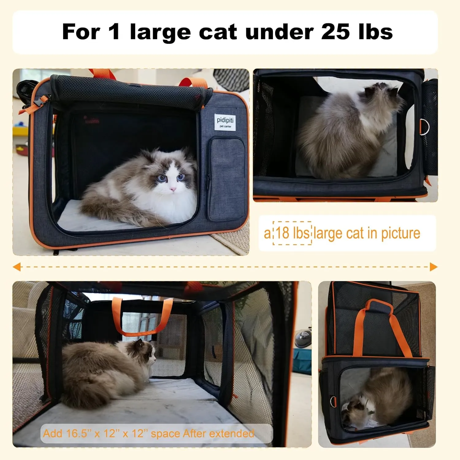 20 x 14 x 14 inches Expandable pet Carrier for 1 Large cat Under 25 lbs,2 Medium Cats/Rabbits 20 lbs , 1 Small Dog Under 15 lbs,cat Crate/Bag for Short Trip/Long Distance car Travel