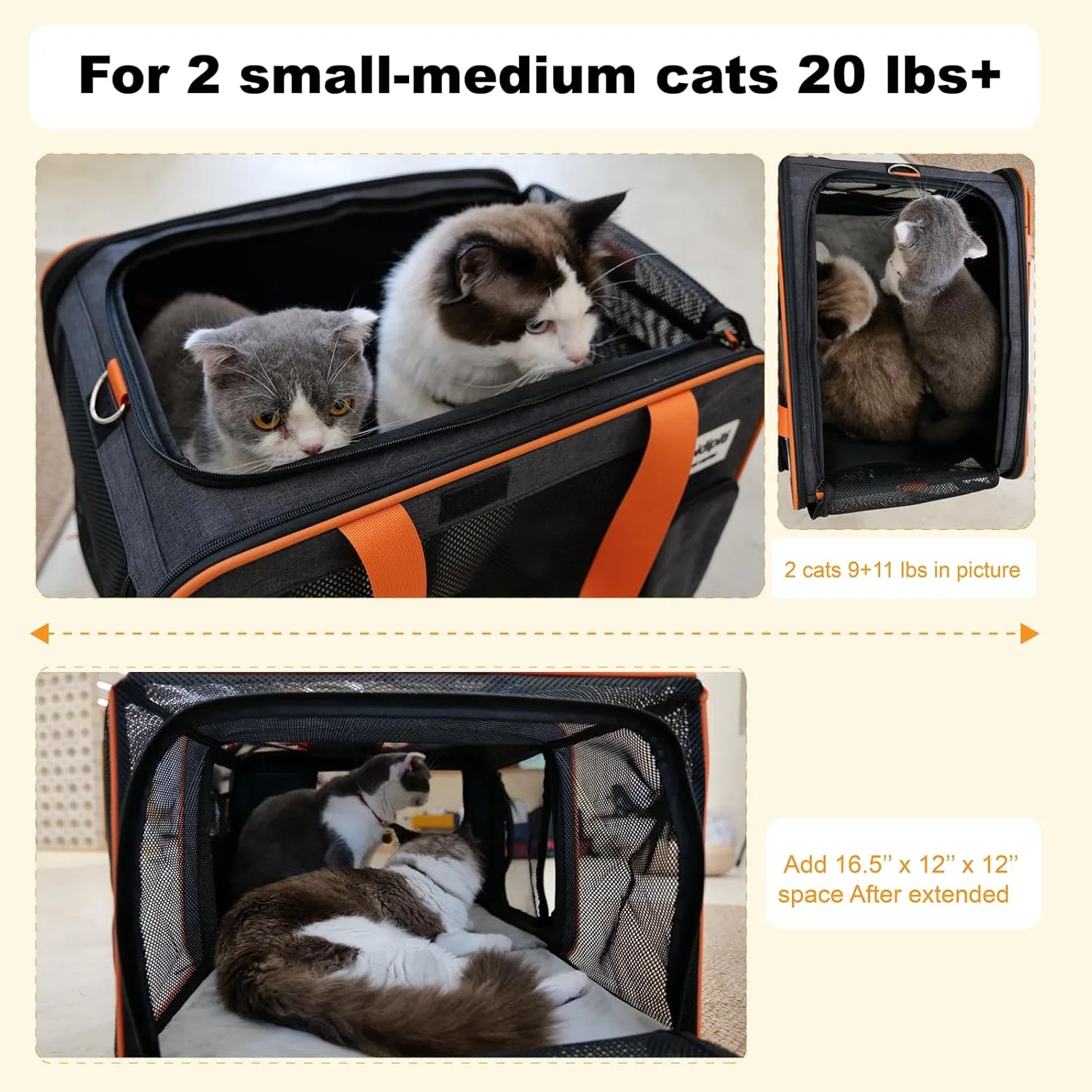 20 x 14 x 14 inches Expandable pet Carrier for 1 Large cat Under 25 lbs,2 Medium Cats/Rabbits 20 lbs , 1 Small Dog Under 15 lbs,cat Crate/Bag for Short Trip/Long Distance car Travel