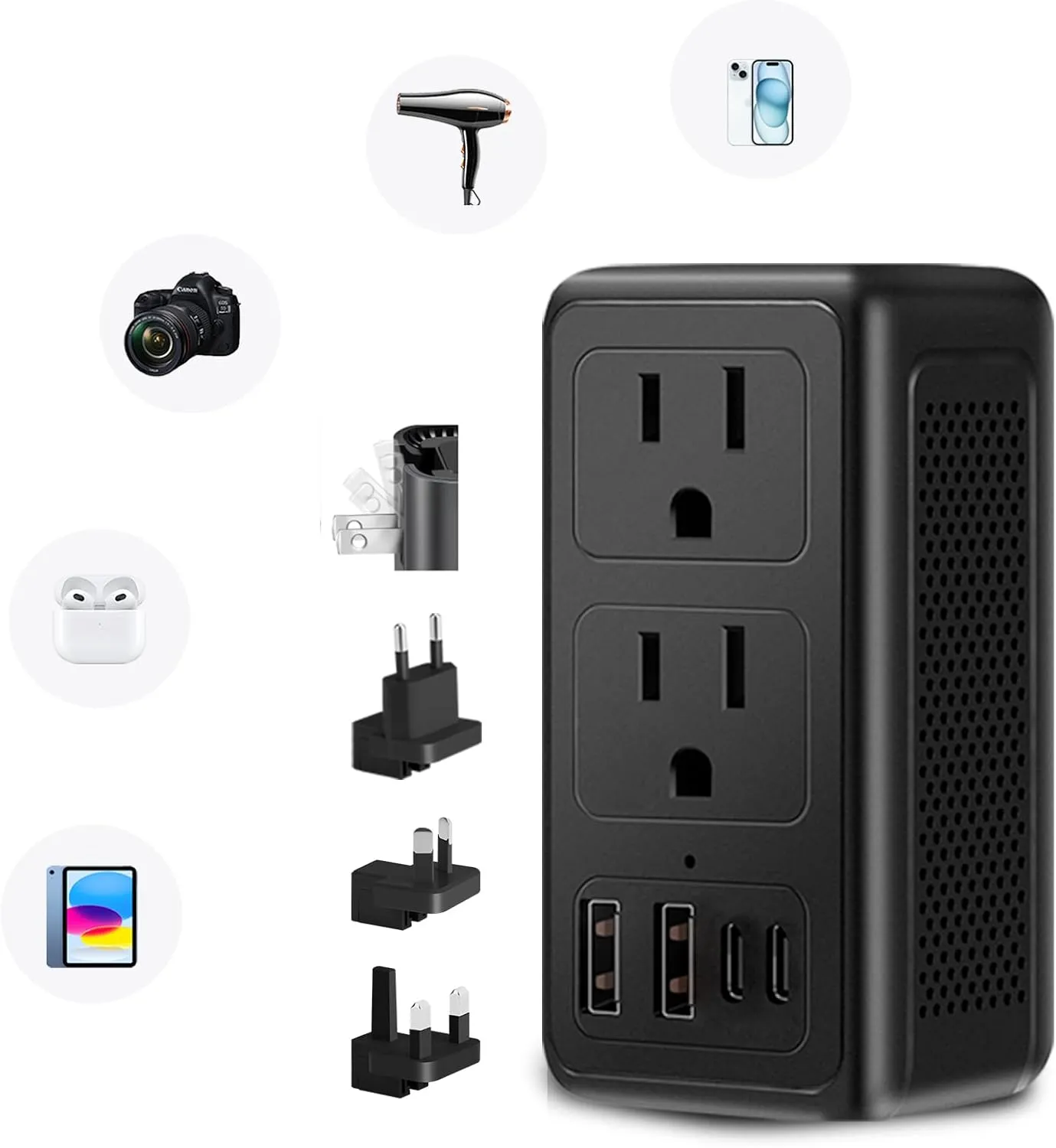 220V to 110V Voltage Converter US to Europe Travel Plug Adapter for Hair Dryer International Universal Travel Adapter with 2 USB A and 2 USB C, Power Converter Adapter Combo for US/EU/UK/AUS