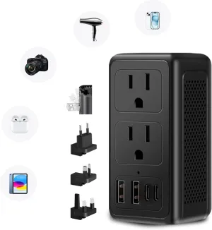 220V to 110V Voltage Converter US to Europe Travel Plug Adapter for Hair Dryer International Universal Travel Adapter with 2 USB A and 2 USB C, Power Converter Adapter Combo for US/EU/UK/AUS