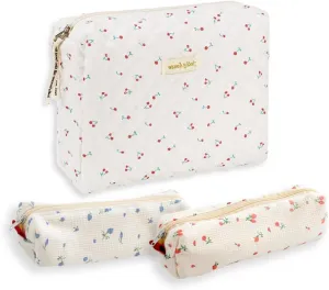 2/3 Pcs Cute Cotton Quilted Makeup Bag Large Travel Cosmetic Pouch Floral Toiletry Bag for Women Girls (Cherry-3pcs)