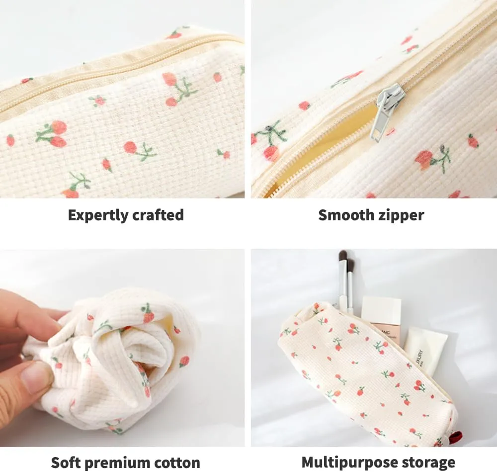 2/3 Pcs Cute Cotton Quilted Makeup Bag Large Travel Cosmetic Pouch Floral Toiletry Bag for Women Girls (Cherry-3pcs)