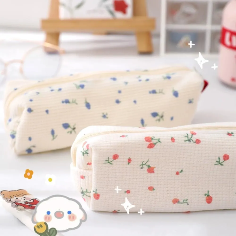 2/3 Pcs Cute Cotton Quilted Makeup Bag Large Travel Cosmetic Pouch Floral Toiletry Bag for Women Girls (Cherry-3pcs)