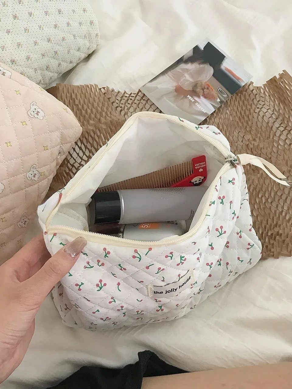 2/3 Pcs Cute Cotton Quilted Makeup Bag Large Travel Cosmetic Pouch Floral Toiletry Bag for Women Girls (Cherry-3pcs)