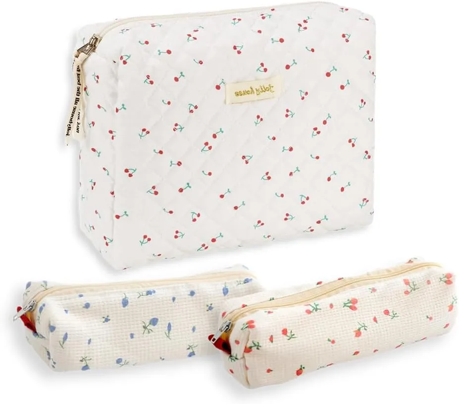 2/3 Pcs Cute Cotton Quilted Makeup Bag Large Travel Cosmetic Pouch Floral Toiletry Bag for Women Girls (Cherry-3pcs)
