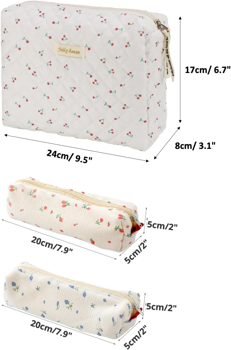 2/3 Pcs Cute Cotton Quilted Makeup Bag Large Travel Cosmetic Pouch Floral Toiletry Bag for Women Girls (Cherry-3pcs)