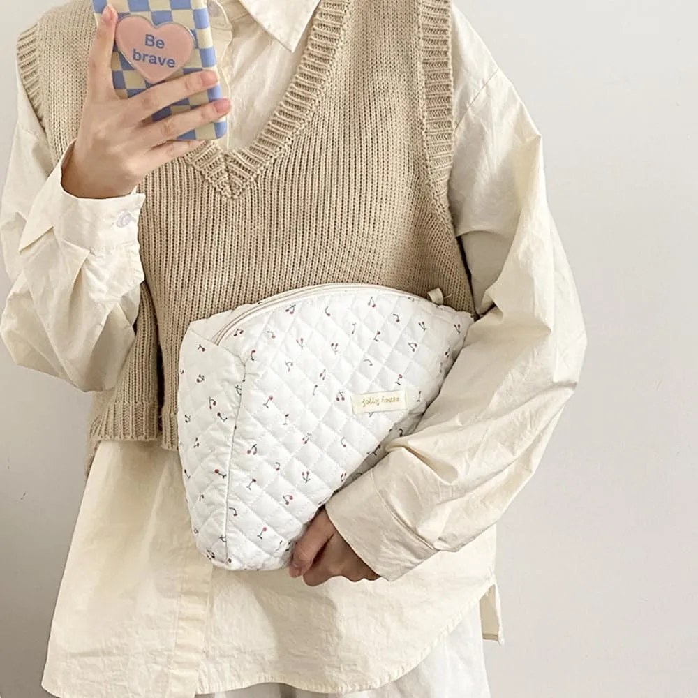 2/3 Pcs Cute Cotton Quilted Makeup Bag Large Travel Cosmetic Pouch Floral Toiletry Bag for Women Girls (Cherry-3pcs)