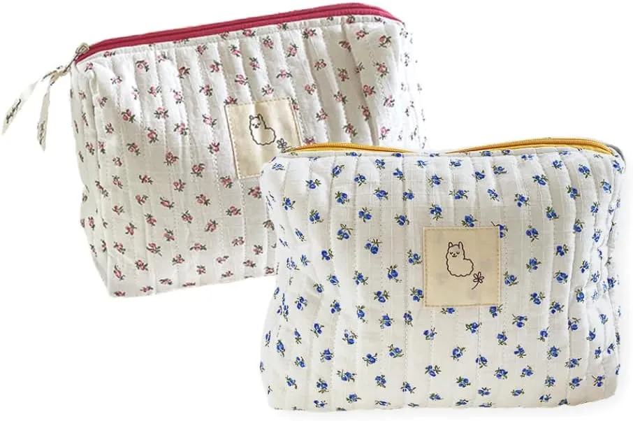 2/3 Pcs Cute Cotton Quilted Makeup Bag Large Travel Cosmetic Pouch Floral Toiletry Bag for Women Girls (Flower Mixed - 2pcs)