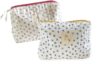 2/3 Pcs Cute Cotton Quilted Makeup Bag Large Travel Cosmetic Pouch Floral Toiletry Bag for Women Girls (Flower Mixed - 2pcs)