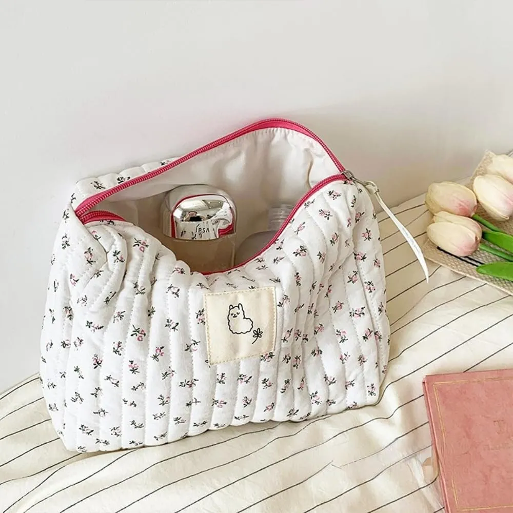 2/3 Pcs Cute Cotton Quilted Makeup Bag Large Travel Cosmetic Pouch Floral Toiletry Bag for Women Girls (Flower Mixed - 2pcs)
