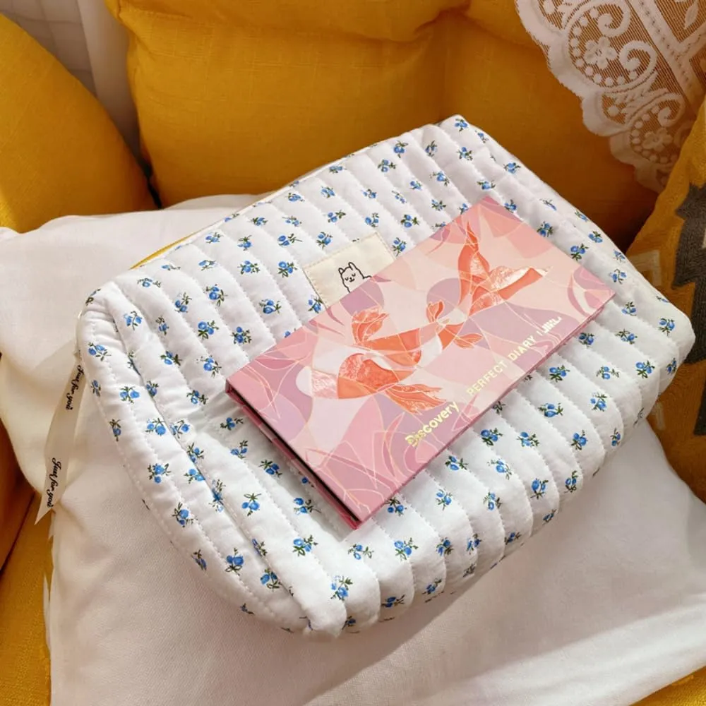 2/3 Pcs Cute Cotton Quilted Makeup Bag Large Travel Cosmetic Pouch Floral Toiletry Bag for Women Girls (Flower Mixed - 2pcs)