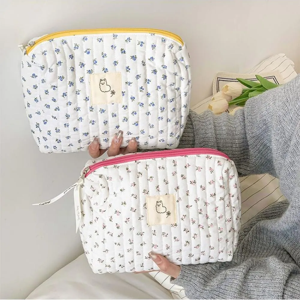2/3 Pcs Cute Cotton Quilted Makeup Bag Large Travel Cosmetic Pouch Floral Toiletry Bag for Women Girls (Flower Mixed - 2pcs)
