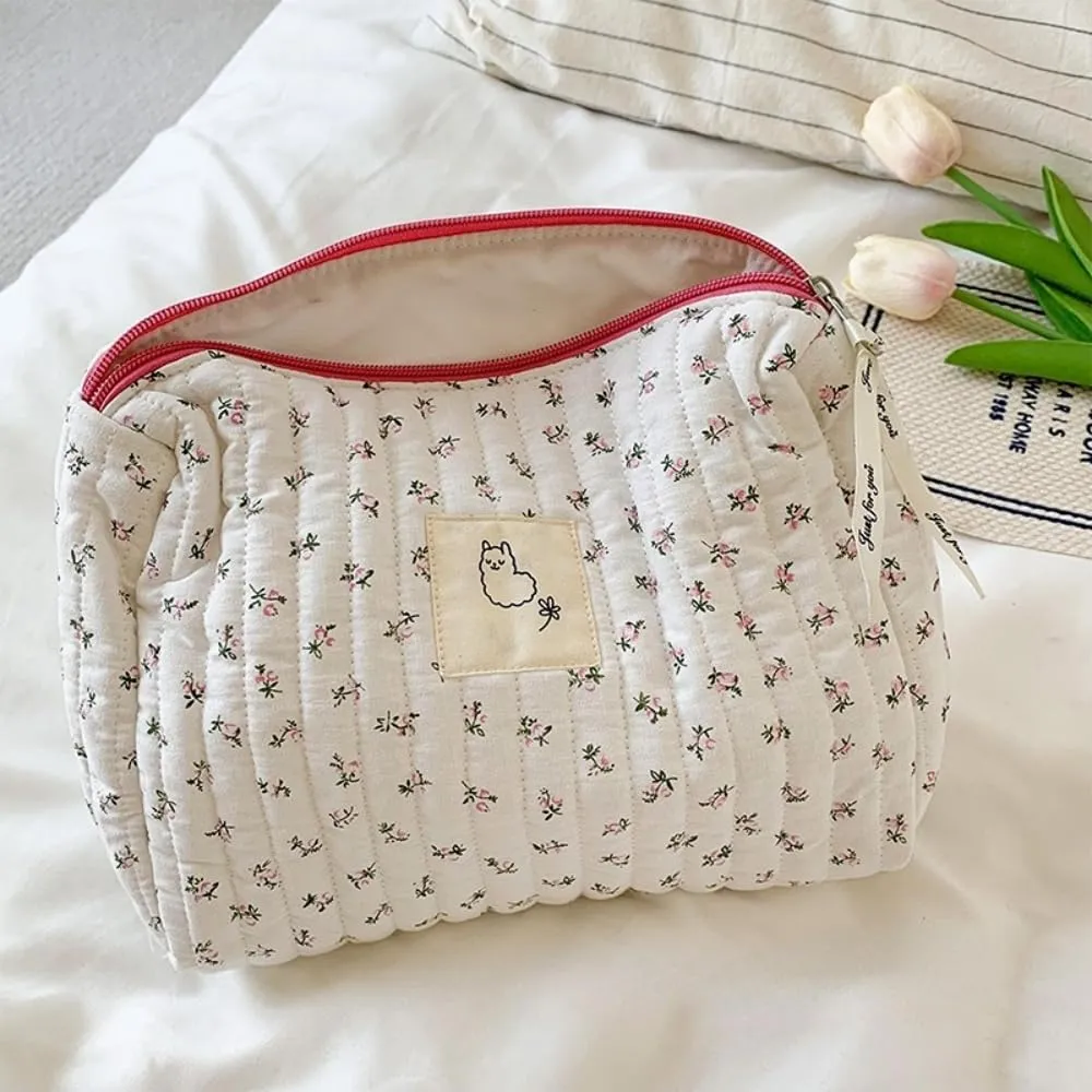 2/3 Pcs Cute Cotton Quilted Makeup Bag Large Travel Cosmetic Pouch Floral Toiletry Bag for Women Girls (Flower Mixed - 2pcs)