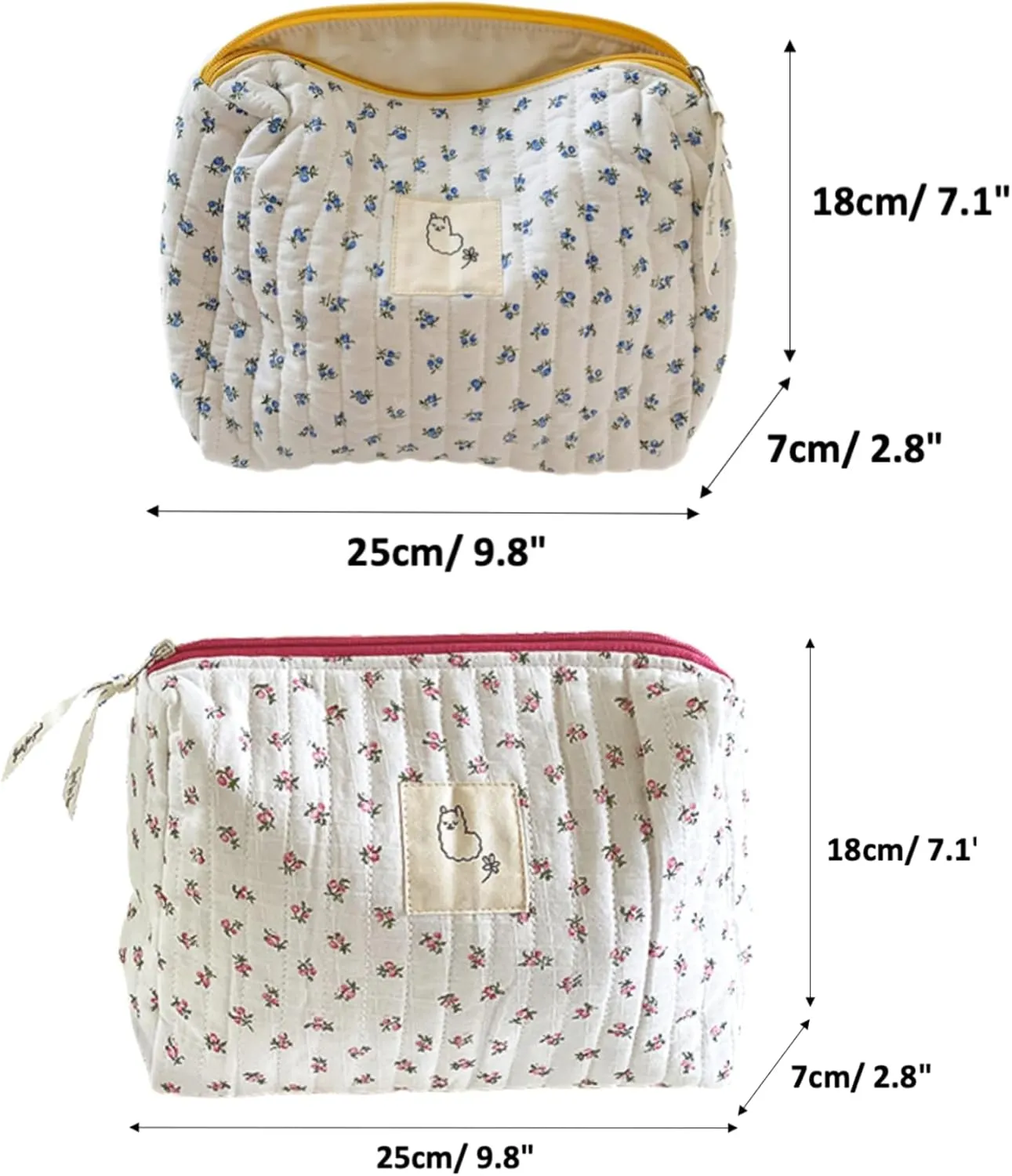 2/3 Pcs Cute Cotton Quilted Makeup Bag Large Travel Cosmetic Pouch Floral Toiletry Bag for Women Girls (Flower Mixed - 2pcs)