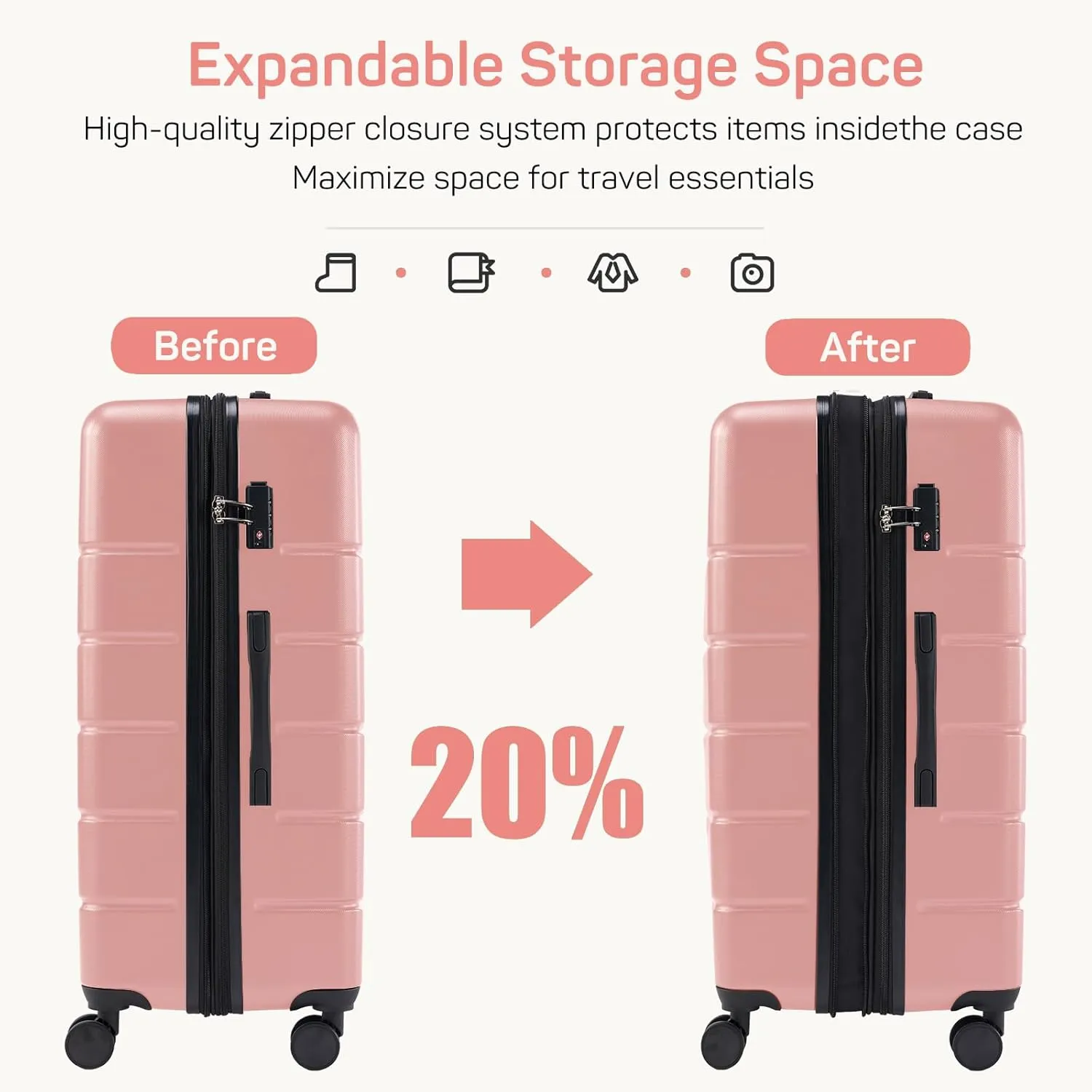 24 Inch Luggage Suitcase, Hard Shell Rolling Suitcase with TSA Lock, Expandable Lightweight Luggage with Spinner Wheels, Pink