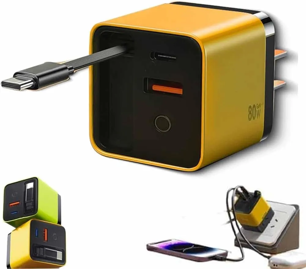 3 in 1 Charger, Retractable Max Fast Charger Module, Scalable 80w Phone Charger Foldable Wall Plug, Easy to Carry When Going Out, Type Cable and 2 USB Ports for iPhone, Phone, Laptops(Yellow)