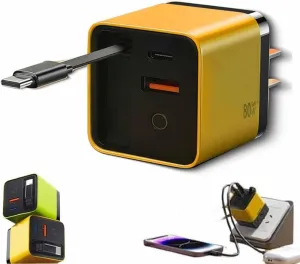 3 in 1 Charger, Retractable Max Fast Charger Module, Scalable 80w Phone Charger Foldable Wall Plug, Easy to Carry When Going Out, Type Cable and 2 USB Ports for iPhone, Phone, Laptops(Yellow)
