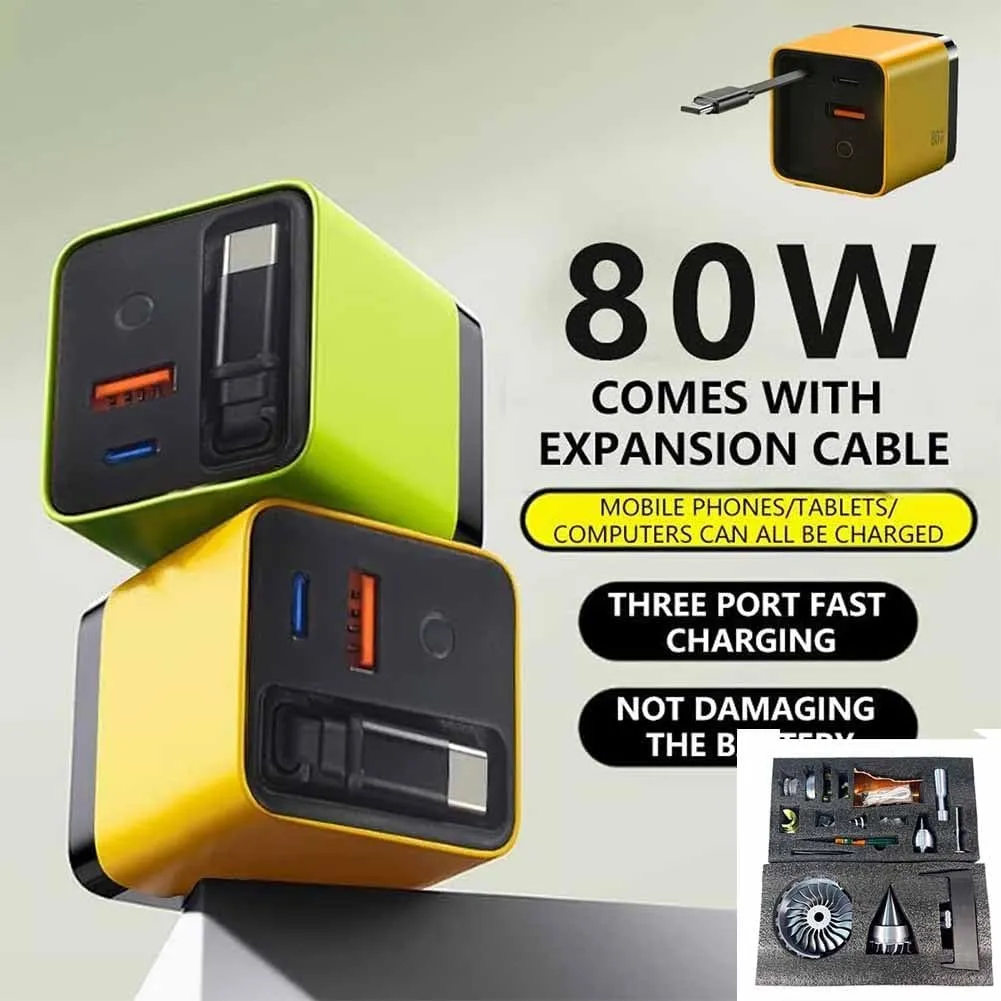 3 in 1 Charger, Retractable Max Fast Charger Module, Scalable 80w Phone Charger Foldable Wall Plug, Easy to Carry When Going Out, Type Cable and 2 USB Ports for iPhone, Phone, Laptops(Yellow)