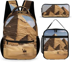 3 Pcs Backpack Set Ancient Egypt Pyramid Travel Bag Portable Casual Daypack Sports Backpacks with Lunch Box Pencil Case