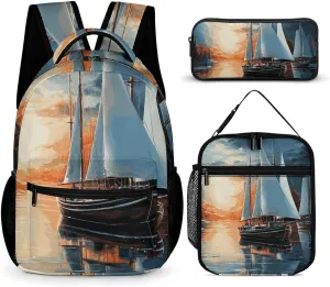 3 Pcs Backpack Set Sailing Landscape Travel Bag Portable Casual Daypack Sports Backpacks with Lunch Box Pencil Case