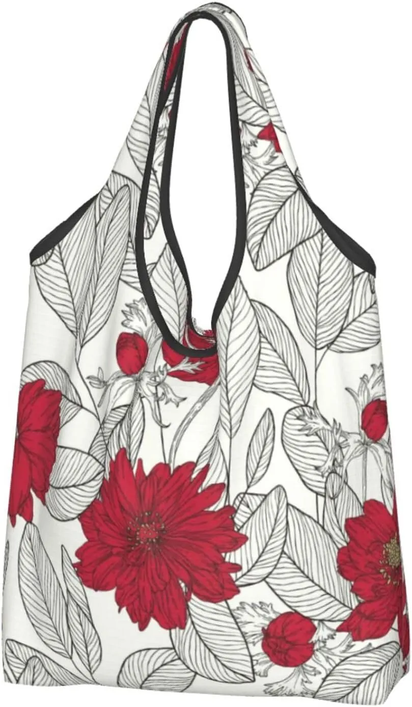 3 PCS Large Tote Bag for Women - Lightweight Leaves Anemone Flowers Red Grey Reusable Grocery Bags Foldable, Shopping Bags for Groceries, Cloth Bags Work Beach Travel with Handles