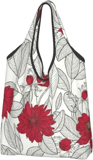 3 PCS Large Tote Bag for Women - Lightweight Leaves Anemone Flowers Red Grey Reusable Grocery Bags Foldable, Shopping Bags for Groceries, Cloth Bags Work Beach Travel with Handles
