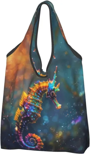 3 PCS Large Tote Bag for Women - Lightweight Neon Seahorse Underwater Realm Reusable Grocery Bags Foldable, Shopping Bags for Groceries, Cloth Bags Work Beach Travel with Handles